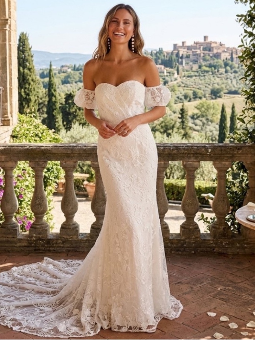 New Lulus Elegant Off-Shoulder White Lace Evening Bridal Wedding Gown Sz Medium
